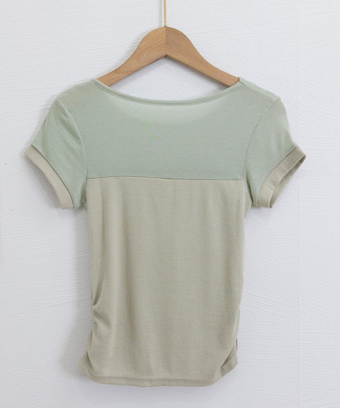 リブTシャツ 異素材切り替えカットソー レディース クルーネックt 大人可愛い 着回し 半袖カットソー おしゃれプルオーバー カジュアルtシャツ ベーシック通勤 617SY-007